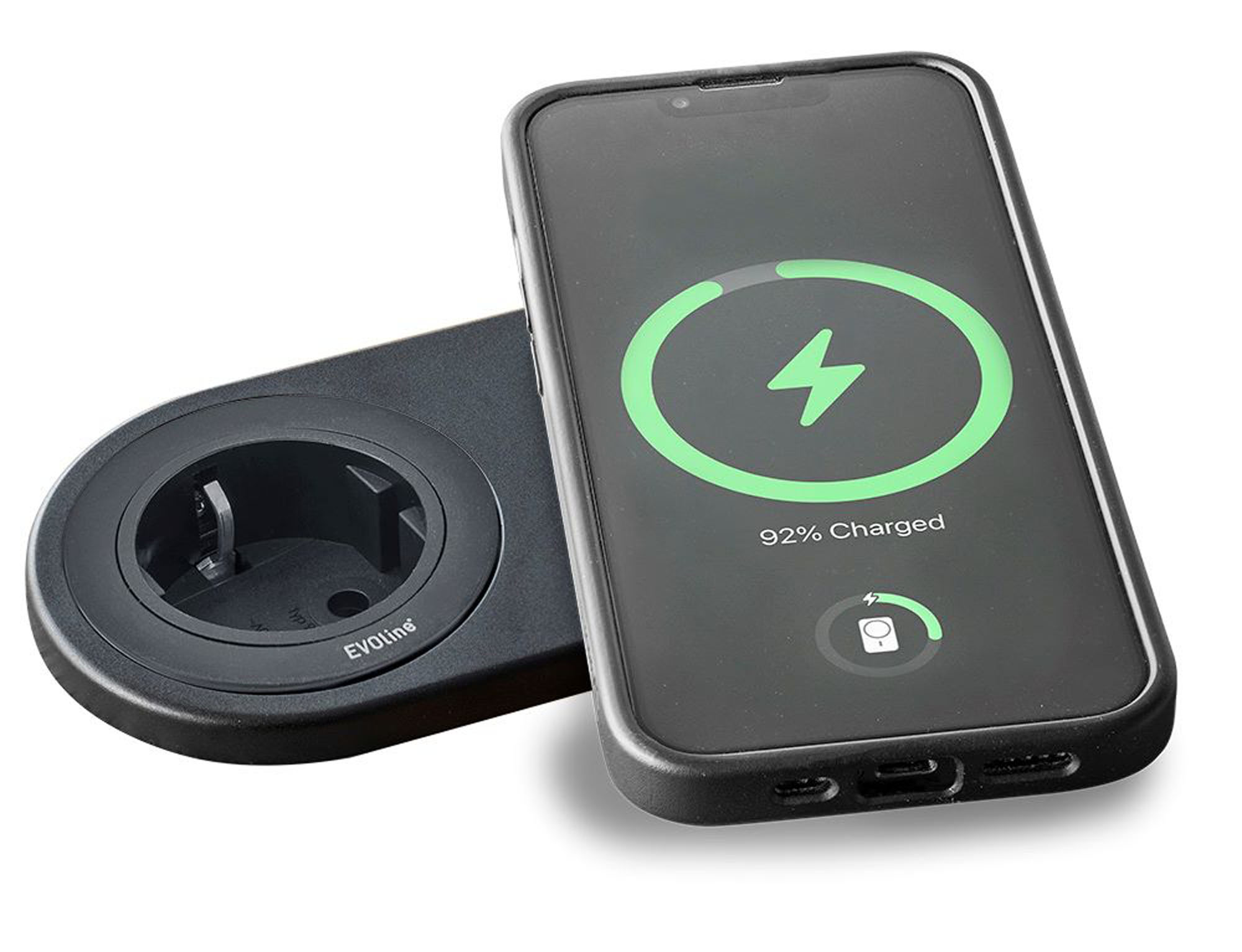 EVOline One DisQ runde Einbausteckdose mit indutiver Ladefunktion EVOline One DisQ runde Einbausteckdose mit indutiver Ladefunktion